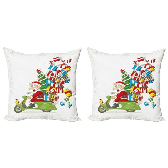Ambesonne Christmas Throw Pillow Cover 2 Pack, Santa on Motorbike, 16", White Green and Red