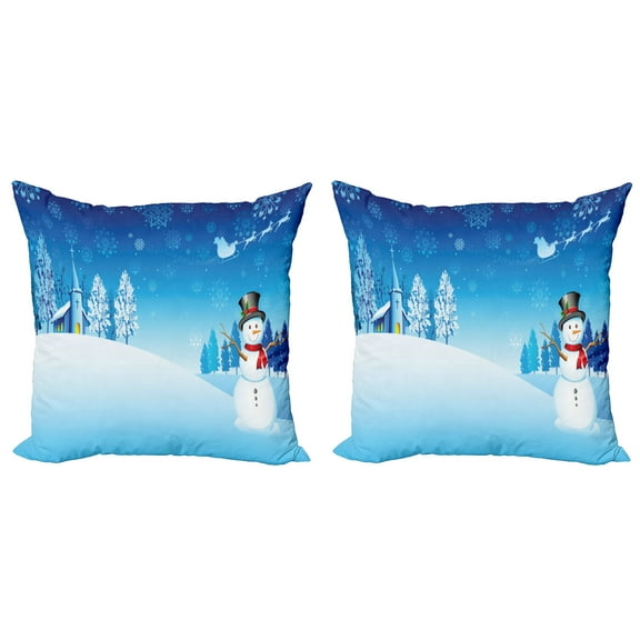 Ambesonne Christmas Throw Pillow Cover 2 Pack, Snowman Winter Stars, 24", Blue White