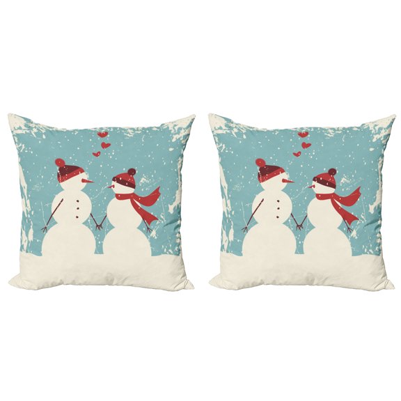 Ambesonne Christmas Throw Pillow Cover 2 Pack, Snowman Woman Love, 18", Seafoam Red Cream