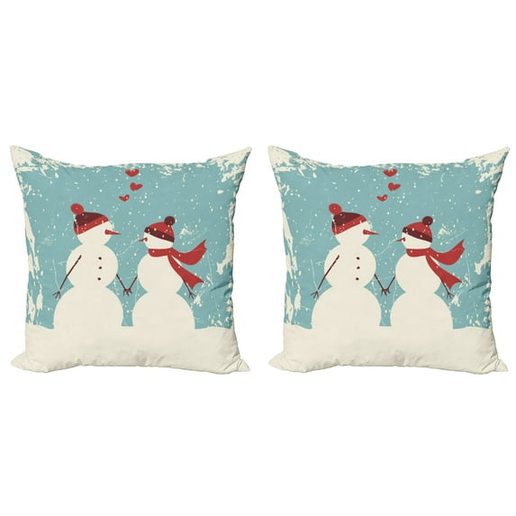 Ambesonne Christmas Throw Pillow Cover 2 Pack, Snowman Woman Love, 24", Seafoam Red Cream