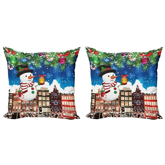 Ambesonne Christmas Throw Pillow Cover 2 Pack, Snowy City Street, 16", Multicolor