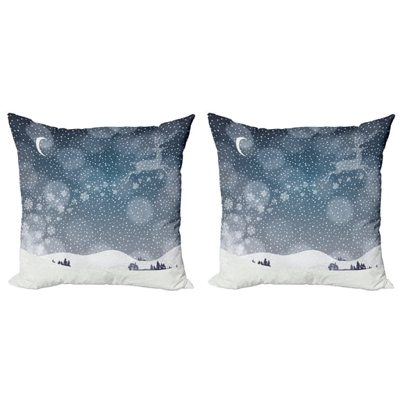 Ambesonne Christmas Throw Pillow Cover 2 Pack, Snowy Landscape at Night, 24", Blue and White