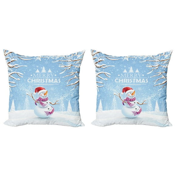 Ambesonne Christmas Throw Pillow Cover 2 Pack, Snowy Winter Noel, 20", White Blue