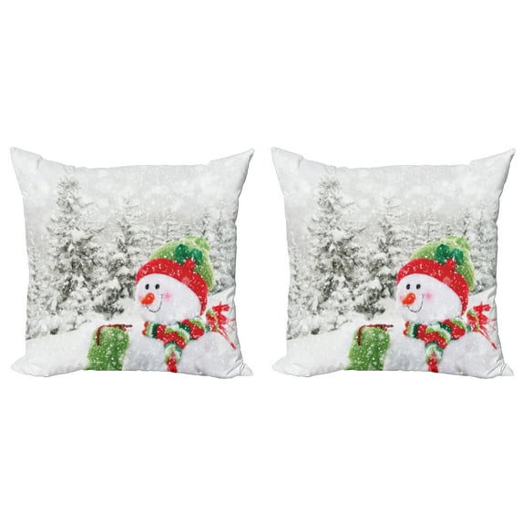 Ambesonne Christmas Throw Pillow Cover 2 Pack, Snowy Woodland Holiday, 18", White and Red