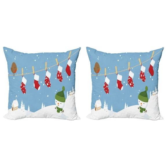 Ambesonne Christmas Throw Pillow Cover 2 Pack, Socks Hanging Bird, 16", White Blue