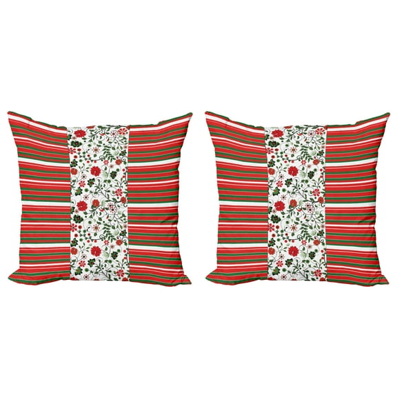 Ambesonne Christmas Throw Pillow Cover 2 Pack, Stripes Floral Border, 24", Multicolor