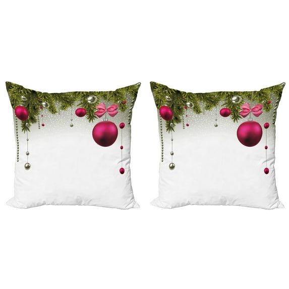 Ambesonne Christmas Throw Pillow Cover 2 Pack, Vivid Fir Twigs Balls, 24", Magenta Olive Green Grey
