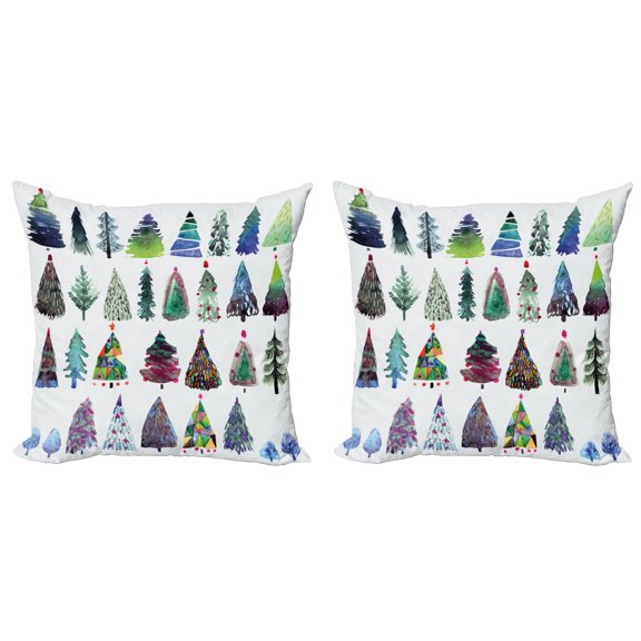 Ambesonne Christmas Throw Pillow Cover 2 Pack, Watercolor Fir Trees, 16", Multicolor