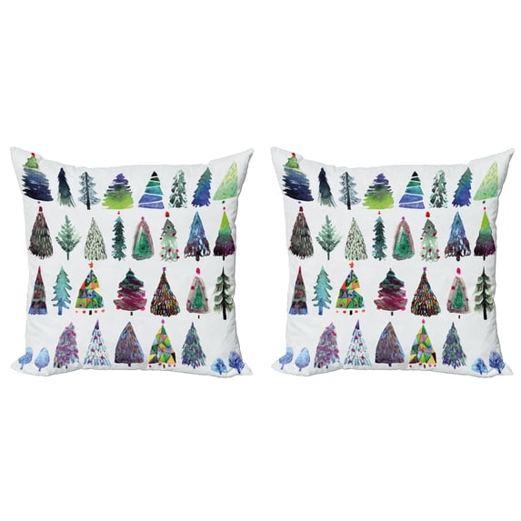 Ambesonne Christmas Throw Pillow Cover 2 Pack, Watercolor Fir Trees, 16", Multicolor