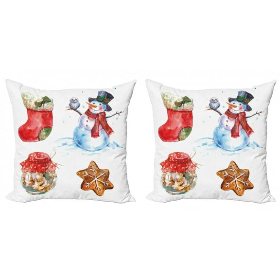 Ambesonne Christmas Throw Pillow Cover 2 Pack, Watercolor Xmas, 16", Dark Orange Pale Blue