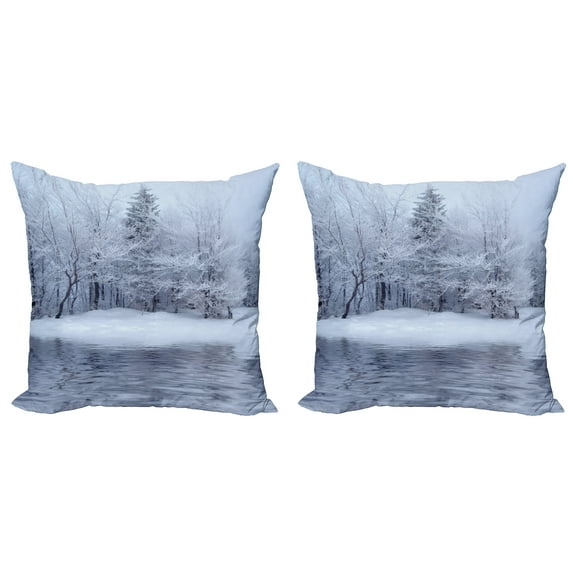 Ambesonne Christmas Throw Pillow Cover 2 Pack, Winter Blizzard Forest, 18", White