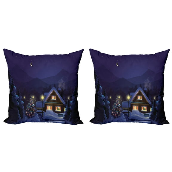 Ambesonne Christmas Throw Pillow Cover 2 Pack, Winter Home and Tree, 16", Purple Blue