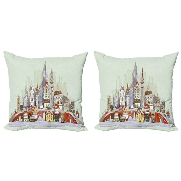 Ambesonne Christmas Throw Pillow Cover 2 Pack, Xmas City Holiday, 20", Pale Green Lavender