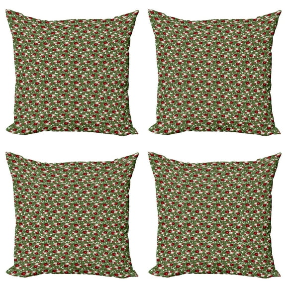 Ambesonne Christmas Throw Pillow Cover 4 Pack, Balls Holly Old, 16", Red Green Grey