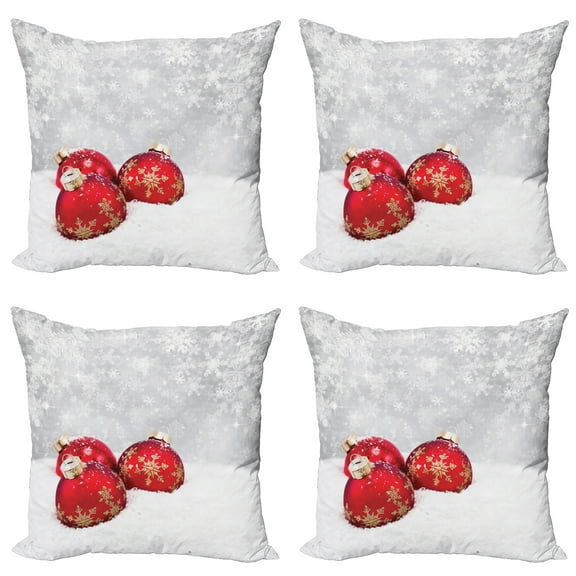 Ambesonne Christmas Throw Pillow Cover 4 Pack, Baubles on Snowflake, 24", Red White