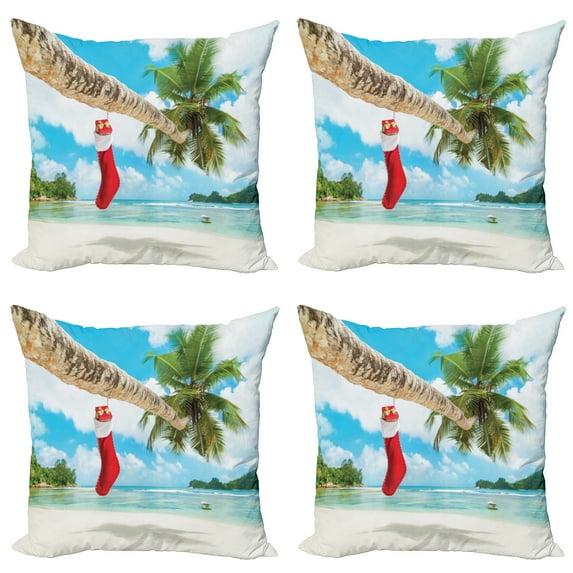 Ambesonne Christmas Throw Pillow Cover 4 Pack, Beach Xmas Stockings, 18", Multicolor