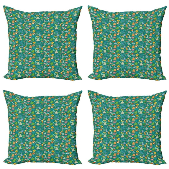 Ambesonne Christmas Throw Pillow Cover 4 Pack, Colorful Doodle Elements, 18", Teal and Multicolor
