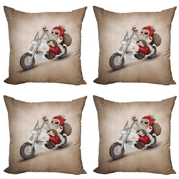 Ambesonne Christmas Throw Pillow Cover 4 Pack, Cool Santa on Bike, 20", Red and Cream
