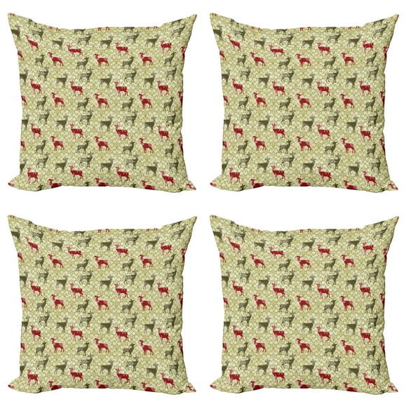 Ambesonne Christmas Throw Pillow Cover 4 Pack, Damask Snowflake Deer, 20", Dark Green Avocado Green
