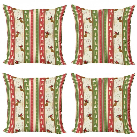 Ambesonne Christmas Throw Pillow Cover 4 Pack, Deer Pines Borders, 18", Green Dark Coral White