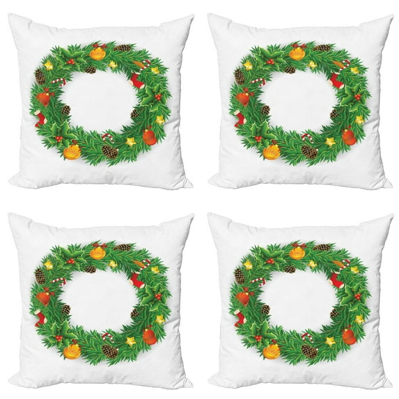 Ambesonne Christmas Throw Pillow Cover 4 Pack, Evergreen Wreath Art, 24", Green White