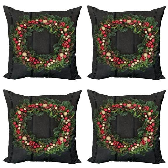Ambesonne Christmas Throw Pillow Cover 4 Pack, Fir Xmas Wreath, 20", Multicolor