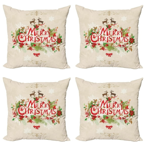 Ambesonne Christmas Throw Pillow Cover 4 Pack, Floral Merry Xmas, 20", Green Red Tan