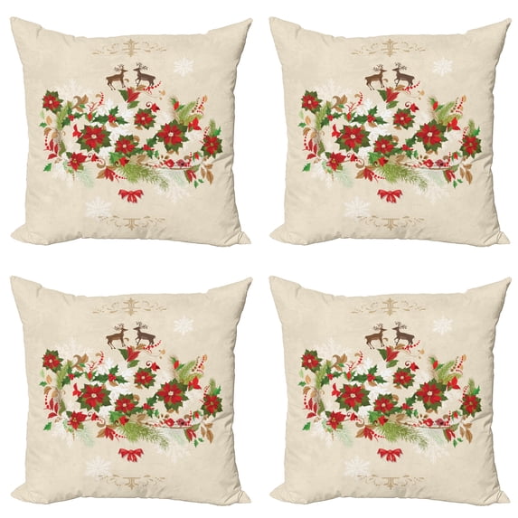 Ambesonne Christmas Throw Pillow Cover 4 Pack, Flower Reindeer Motif, 20", Multicolor