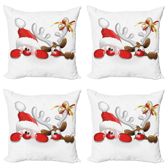 Ambesonne Christmas Throw Pillow Cover 4 Pack, Funny Santa Reindeer, 16", Vermilion Caramel White