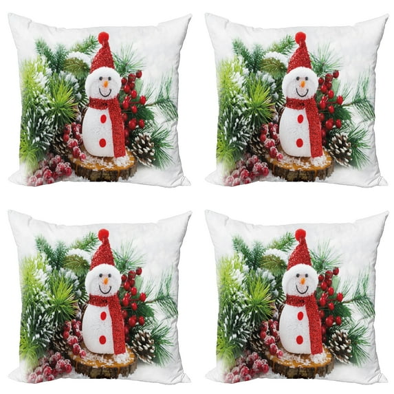 Ambesonne Christmas Throw Pillow Cover 4 Pack, Funny Snowman, 24", White