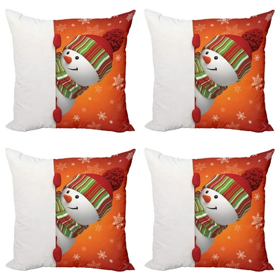 Ambesonne Christmas Throw Pillow Cover 4 Pack, Funny Snowman Santa, 20", White Orange
