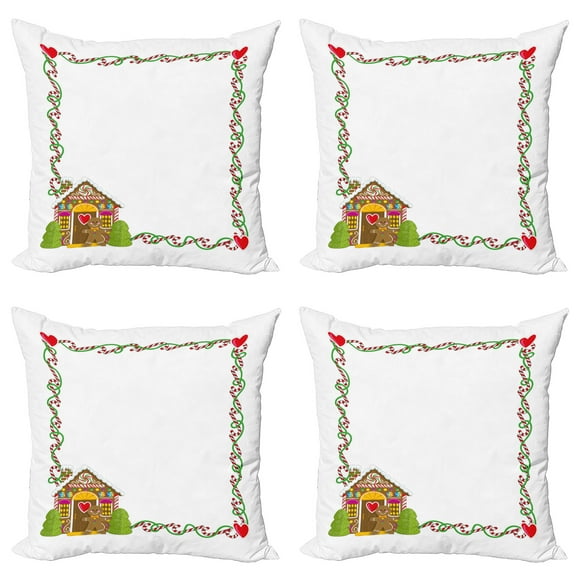 Ambesonne Christmas Throw Pillow Cover 4 Pack, Gingerbread House, 18", Multicolor