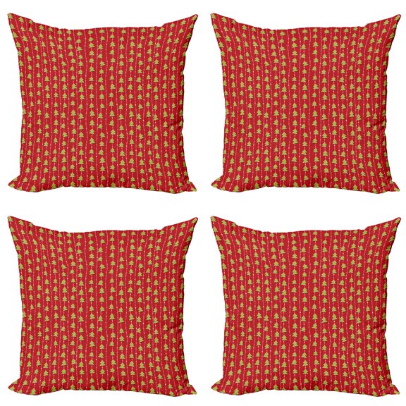 Ambesonne Christmas Throw Pillow Cover 4 Pack, Green Tree on Stripes, 20", Red Green White