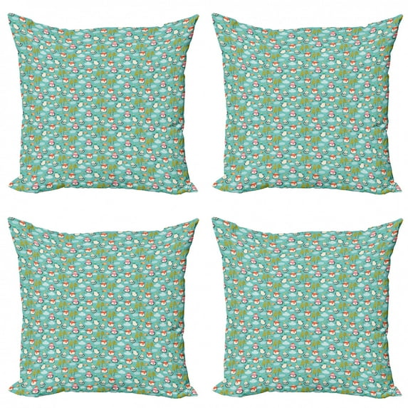 Ambesonne Christmas Throw Pillow Cover 4 Pack, Happy Noel Penguins Gifts, 16", Seafoam Multicolor