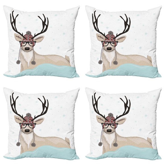 Ambesonne Christmas Throw Pillow Cover 4 Pack, Hipster Deer with Glasses, 20", Multicolor
