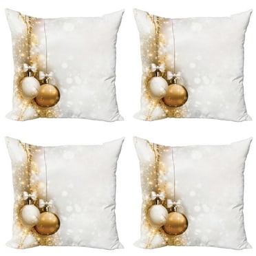 Ambesonne Christmas Throw Pillow Cover 4 Pack, New Years Ribbon, 16", White and Beige