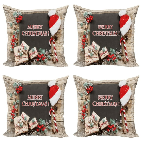 Ambesonne Christmas Throw Pillow Cover 4 Pack, Noel Concept on Board, 24", Multicolor