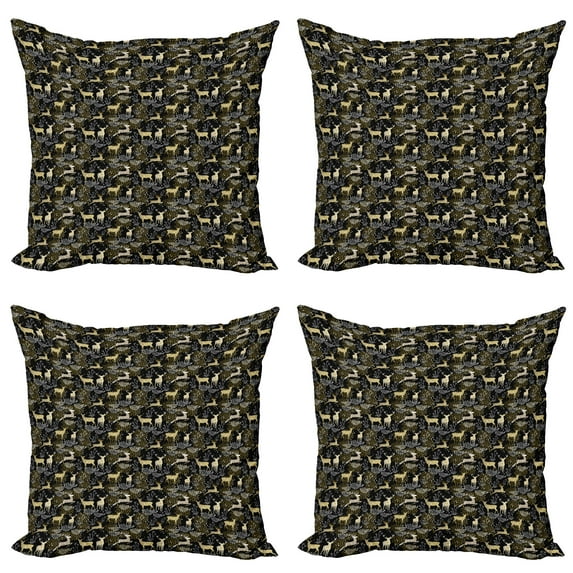 Ambesonne Christmas Throw Pillow Cover 4 Pack, Oriental Deer, 16", Yellow White Black