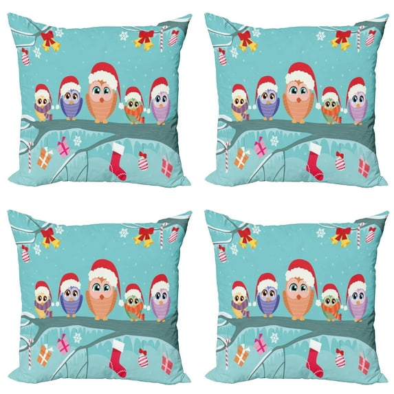 Ambesonne Christmas Throw Pillow Cover 4 Pack, Owl Family Tree, 20", Multicolor