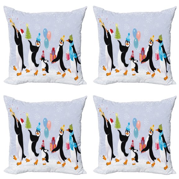 Ambesonne Christmas Throw Pillow Cover 4 Pack, Penguins in Caps, 20", Multicolor