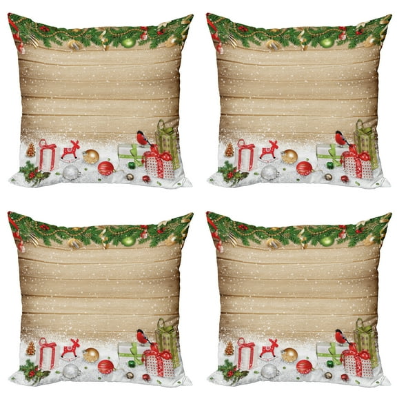 Ambesonne Christmas Throw Pillow Cover 4 Pack, Pine Wood Planks Snow, 24", Multicolor