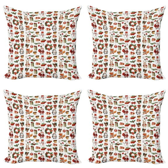 Ambesonne Christmas Throw Pillow Cover 4 Pack, Rabbits Candles, 16", Red Green Orange
