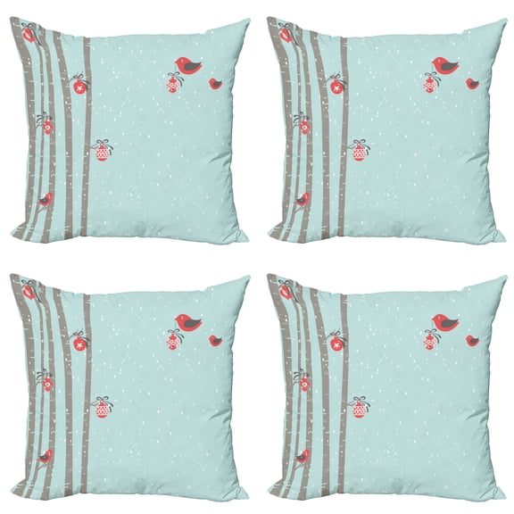Ambesonne Christmas Throw Pillow Cover 4 Pack, Red Bird Winter, 20", Seafoam Coral