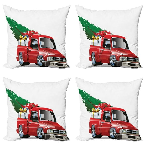Ambesonne Christmas Throw Pillow Cover 4 Pack, Red Farm Truck, 20", White Red
