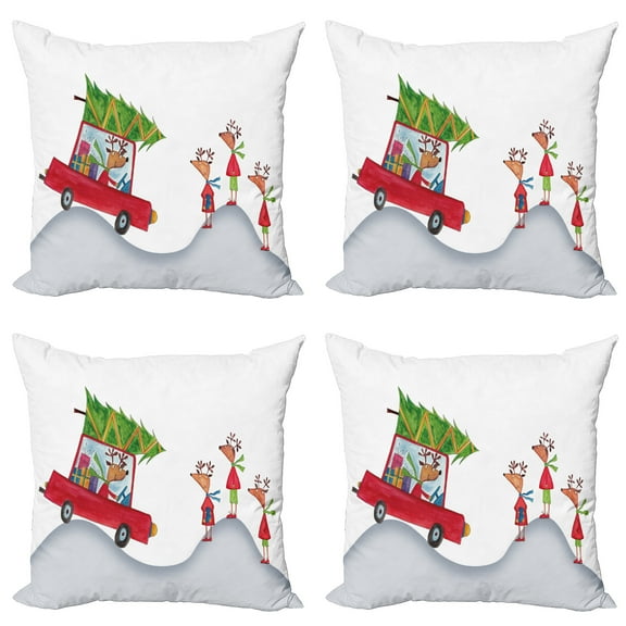 Ambesonne Christmas Throw Pillow Cover 4 Pack, Reindeer Family Noel, 16", Grey White