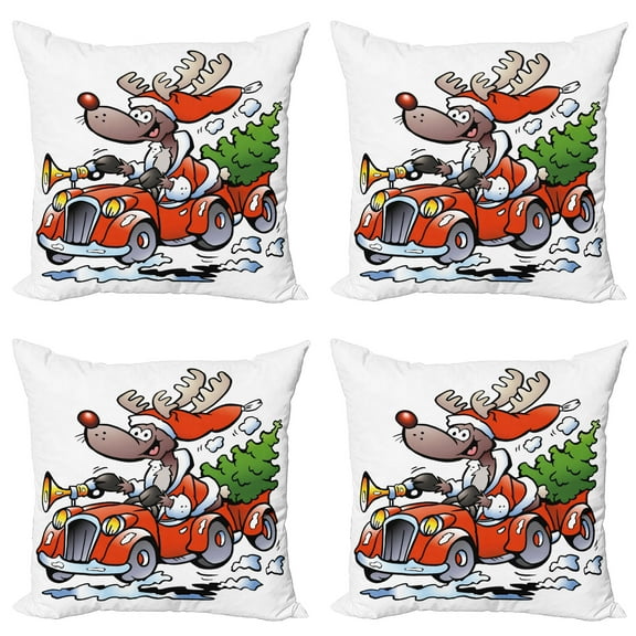 Ambesonne Christmas Throw Pillow Cover 4 Pack, Reindeer in Red Car, 18", White Red Green