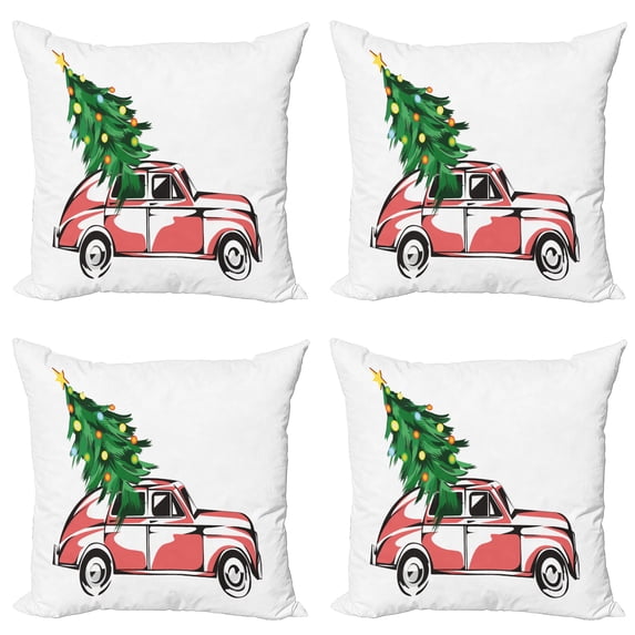 Ambesonne Christmas Throw Pillow Cover 4 Pack, Retro Car Xmas Tree, 16", White Red