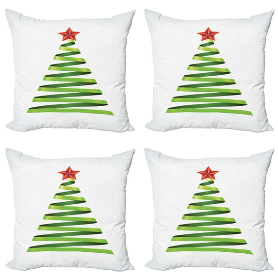 Ambesonne Christmas Throw Pillow Cover 4 Pack, Ribbon Tree New Year, 24", Yellow Green Vermilion