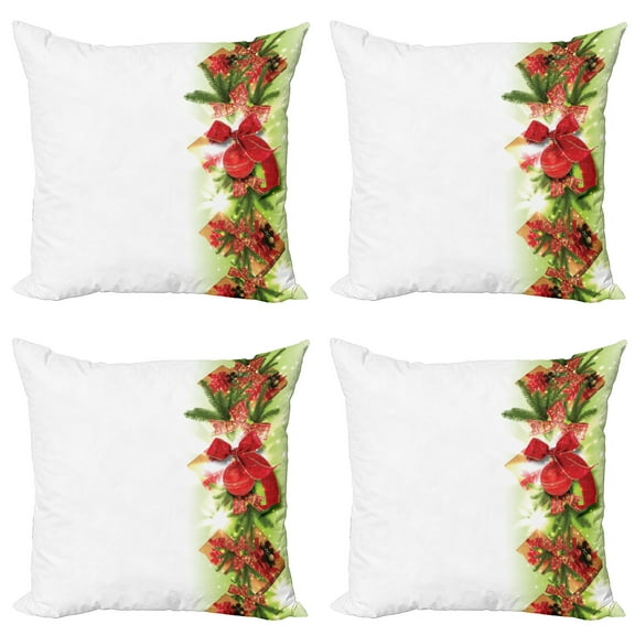 Ambesonne Christmas Throw Pillow Cover 4 Pack, Ribbons and Baubles, 16", Apple Green Fern Green