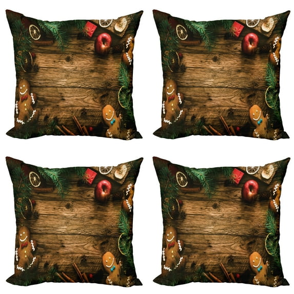 Ambesonne Christmas Throw Pillow Cover 4 Pack, Rustic Lodge Wood, 24", Brown Green